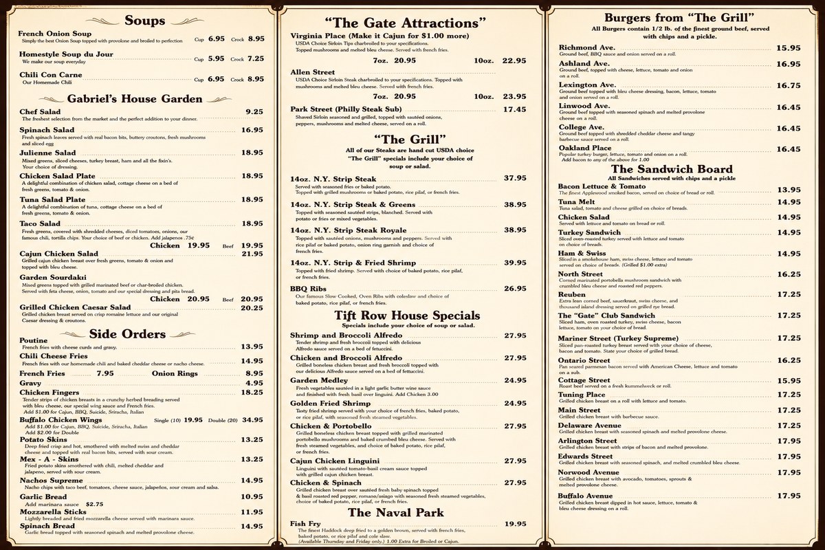 Gabriel's Gate complete printed menu featuring Soups, Gabriel's House Garden salads, Side Orders, The Gate Attractions sirloin steak subs, The Grill USDA steaks and BBQ Ribs, Tift Row House Specials pasta and seafood dishes, The Sandwich Board, half-pound Burgers named after Allentown Buffalo streets, and The Naval Park Haddock Fish Fry — 145 Allen St Buffalo NY