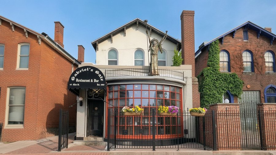 Gabriel's Gate historic exterior facade on Allen Street Buffalo NY — original 1864 Tift Row House building with awning reading Gabriel's Gate Restaurant and Bar Est. 1969